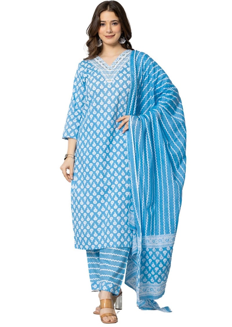 rytras Women's Pure Cotton Printed Straight Kurta Set with Palazzo Pants & Dupatta- Ethnic Wear, Blue(RYT586-New,M) - Image 1