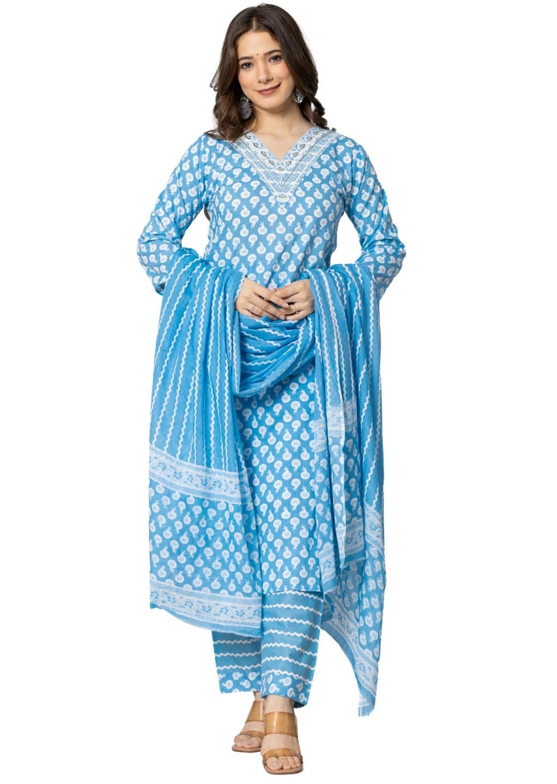 rytras Women's Pure Cotton Printed Straight Kurta Set with Palazzo Pants & Dupatta- Ethnic Wear, Blue(RYT586-New,M) - Image 3