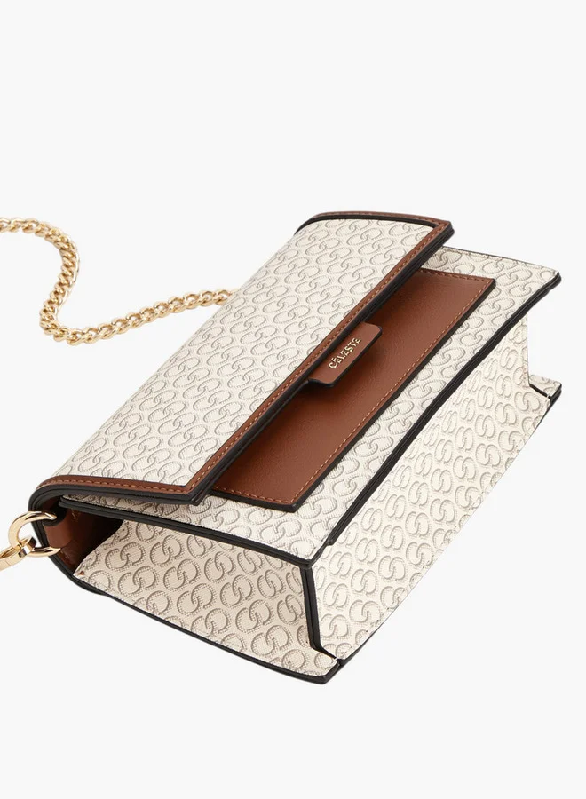Celeste Women Monogram Print Crossbody Bag with Chain Strap and Snap Button Closure