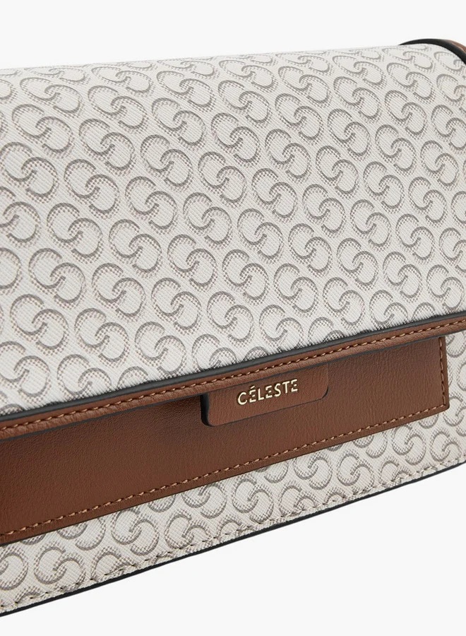 Celeste Women Monogram Print Crossbody Bag with Chain Strap and Snap Button Closure