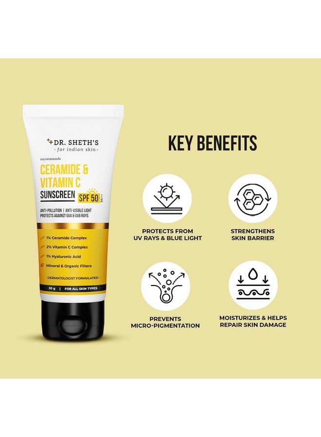Dr. Sheth's Ceramide & Vitamin C Sunscreen | In-Vivo Tested | SPF 50+ Pa+++ | For Bright Skin & Healthy Glow | Non-Greasy, Quick-Absorbing | No White Cast | UVA/B & Bluelight Protection | For Men & Women | For All Skin Types | 50g x 2 - Image 3