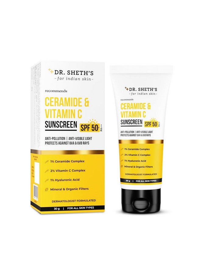 Dr. Sheth's Ceramide & Vitamin C Sunscreen | In-Vivo Tested | SPF 50+ Pa+++ | For Bright Skin & Healthy Glow | Non-Greasy, Quick-Absorbing | No White Cast | UVA/B & Bluelight Protection | For Men & Women | For All Skin Types | 50g x 2 - Image 1