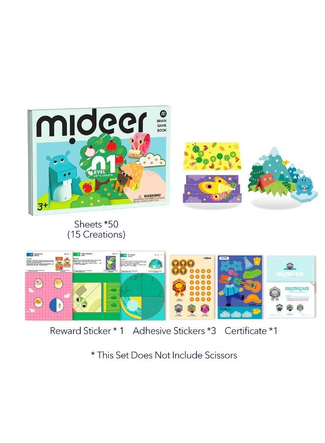 MiDeer Brain Game Book Let’s Create Level 1 – Creative Craft Activity Book for Kids Age 3+, Educational Art & Craft Workbook with Folding, Cutting, Sticking & Coloring Activities, Early Learning Skill Development - Image 1
