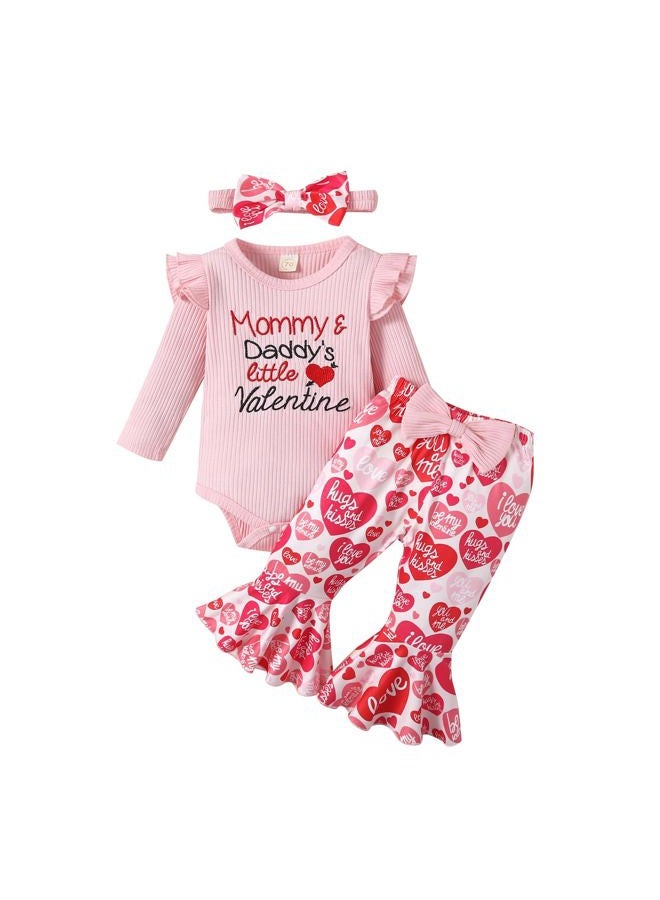 Noubeau My First Valentine's Day Outfits Newborn Baby Girl Outfits Long Sleeve Ribbed Romper Heart Flare Pant Headband 3Pcs(Romper-3,0-3 Months) - Image 1