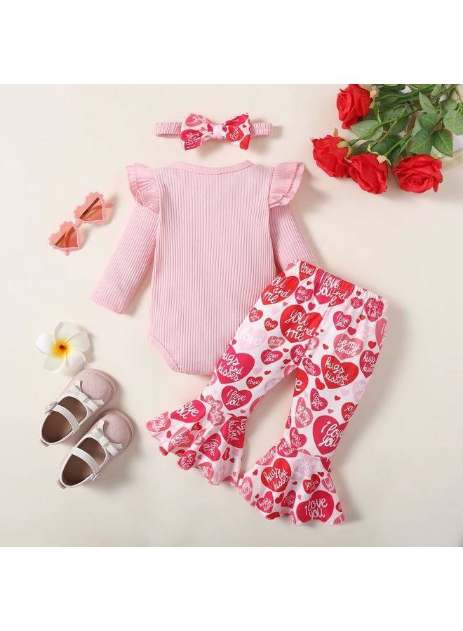 Noubeau My First Valentine's Day Outfits Newborn Baby Girl Outfits Long Sleeve Ribbed Romper Heart Flare Pant Headband 3Pcs(Romper-3,0-3 Months) - Image 3