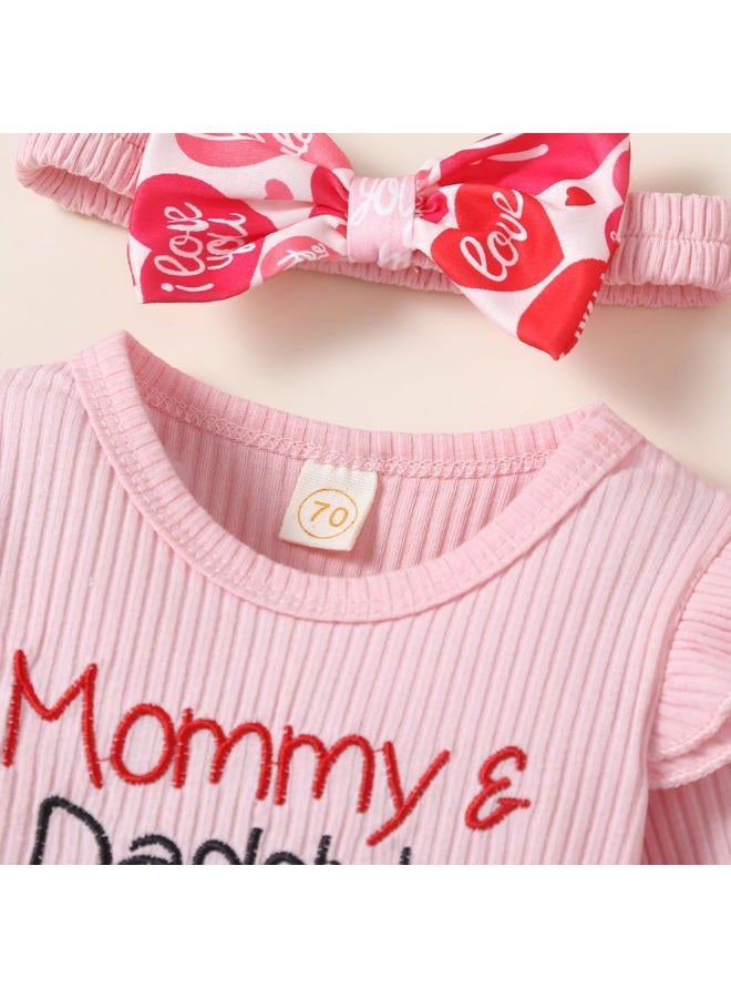 Noubeau My First Valentine's Day Outfits Newborn Baby Girl Outfits Long Sleeve Ribbed Romper Heart Flare Pant Headband 3Pcs(Romper-3,0-3 Months) - Image 4