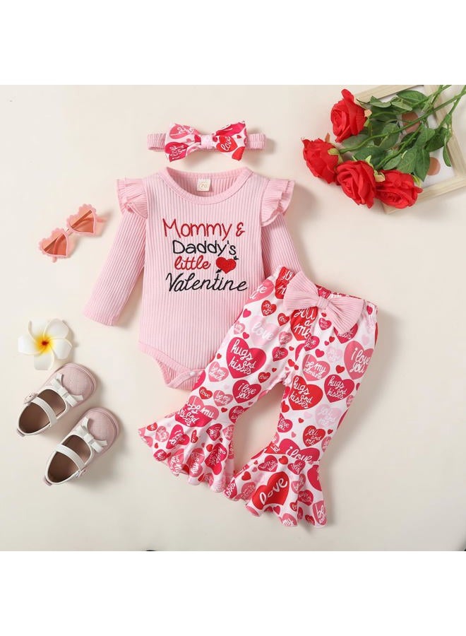 Noubeau My First Valentine's Day Outfits Newborn Baby Girl Outfits Long Sleeve Ribbed Romper Heart Flare Pant Headband 3Pcs(Romper-3,0-3 Months) - Image 2