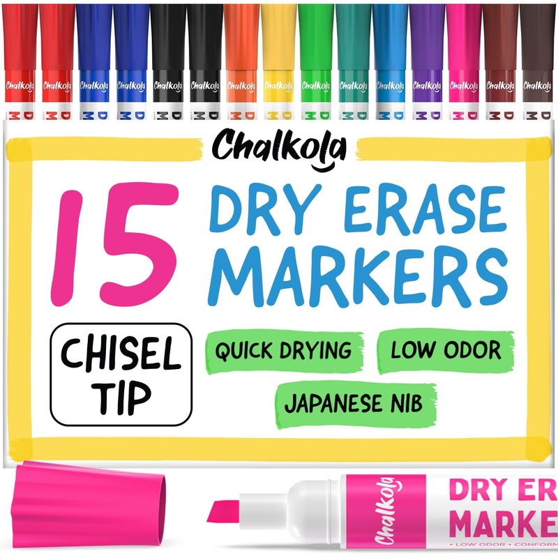 Chalkola Dry Erase Markers Chisel Tip 15 Pack 12 Colors Dry Erase Pens Non toxic Low odor Whiteboard Markers for Kids Teachers Office School Classroom Supplies Accessories - Image 2