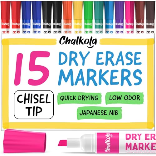 Chalkola Dry Erase Markers Chisel Tip 15 Pack 12 Colors Dry Erase Pens Non toxic Low odor Whiteboard Markers for Kids Teachers Office School Classroom Supplies Accessories - Image 1