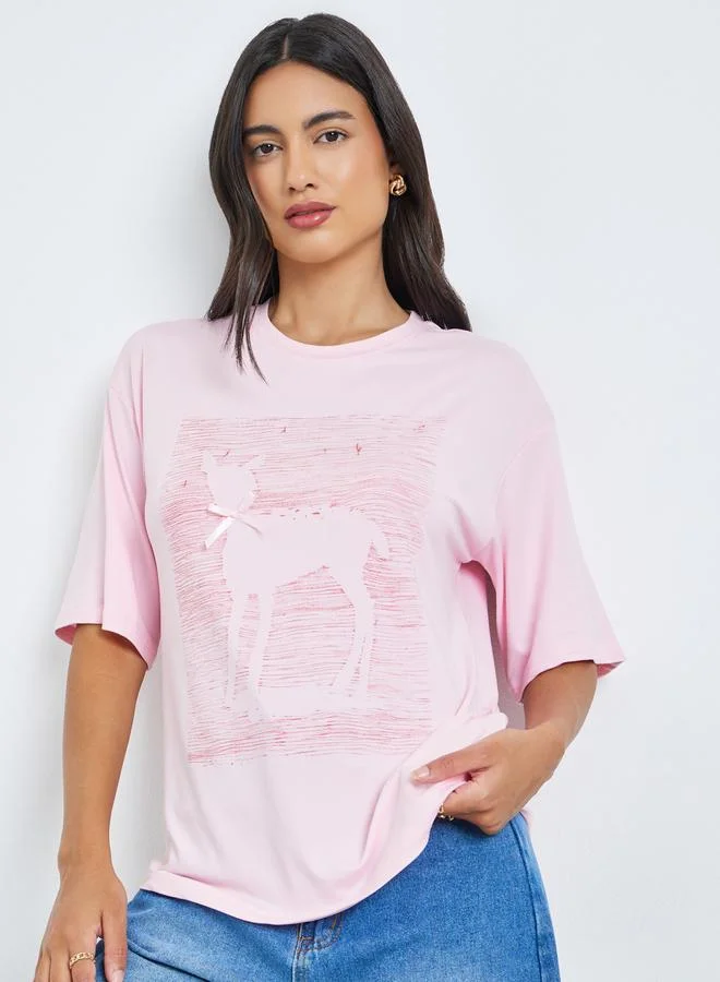Styli Pink Graphic Print Short Sleeve Oversized T-Shirt