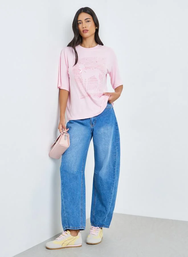 Styli Pink Graphic Print Short Sleeve Oversized T-Shirt