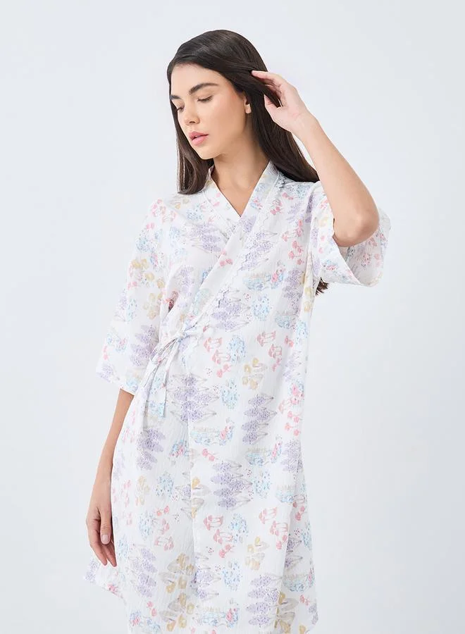 ستايلي Styli All Over Floral Print Side Tie Robe