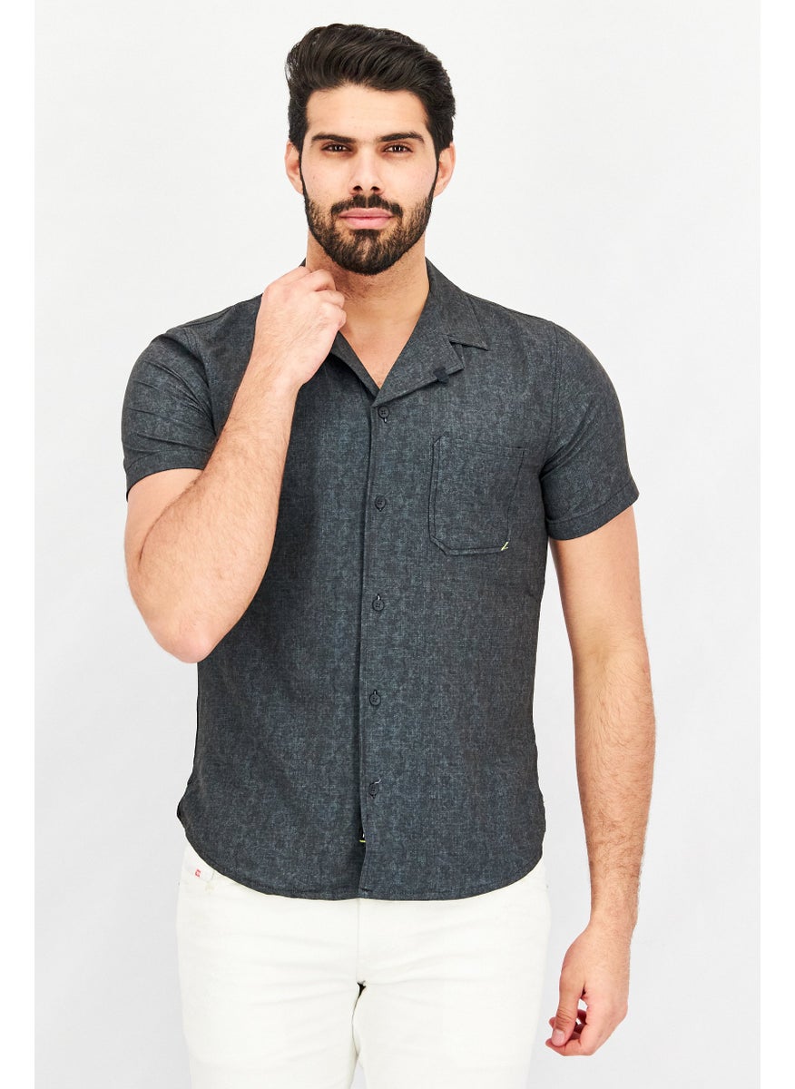 Kenneth Cole Men Regular Fit Chest Pocket Short Sleeve Casual Shirts, Charcoal Grey  - Image 1