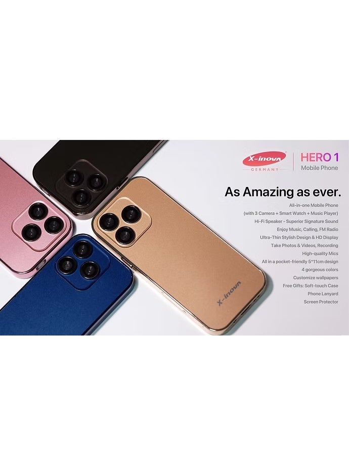 X-INOVA HERO1 الأسود بشاشة مدمجة 2.01"، تصميم نحيف 9.5 مم، مكبر صوت قوي، بطارية 1000 مللي أمبير، كاميرا 0.3 ميجابكسل، راديو FM – مثالي للاستخدام البسيط واليومي - Image 3