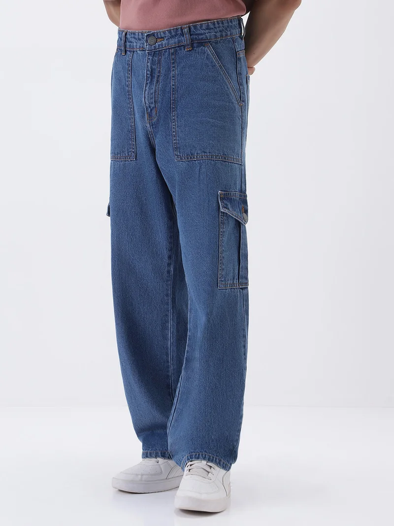 Urbano Fashion Men's Light Blue Loose Fit Cargo Jeans with 6 Pockets Non-Stretchable