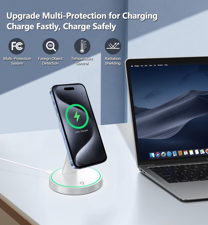 Voice-tank Magnetic Wireless Charger Stand 15W Fast Mag-Safe Charger for iPhone 17 /17 pro/ 17 Air/ 17 pro max 16/15/14/13/12 Series Magnet Wireless Charging Station/Pad with Sleep-Friendly Light for AirPods - Image 4