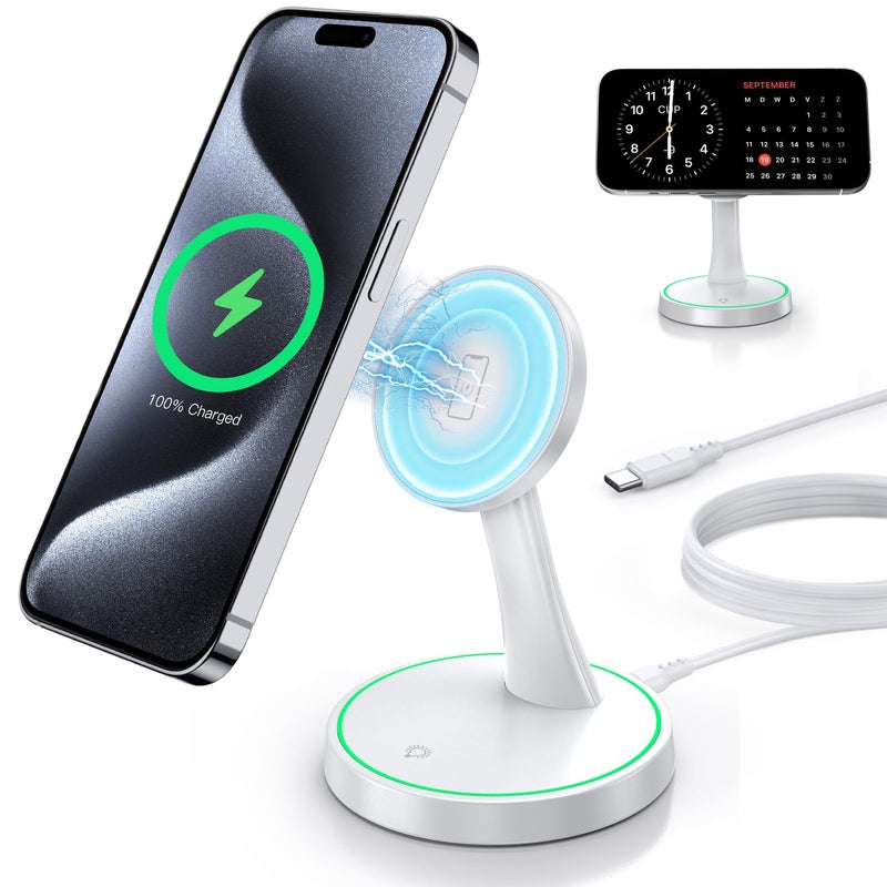 Voice-tank Magnetic Wireless Charger Stand 15W Fast Mag-Safe Charger for iPhone 17 /17 pro/ 17 Air/ 17 pro max 16/15/14/13/12 Series Magnet Wireless Charging Station/Pad with Sleep-Friendly Light for AirPods - Image 1