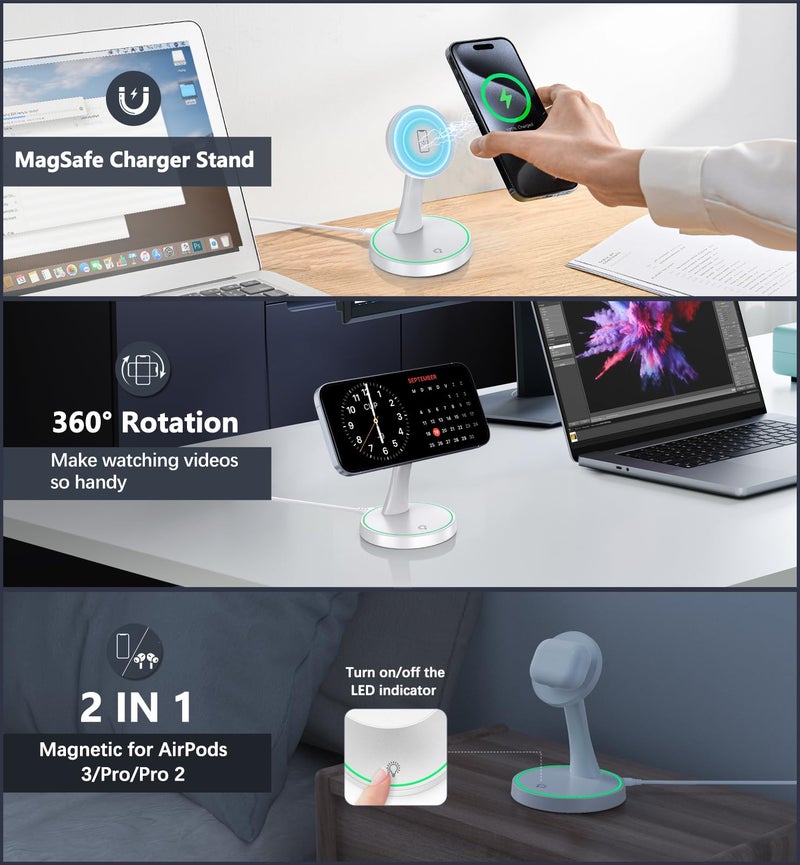 Voice-tank Magnetic Wireless Charger Stand 15W Fast Mag-Safe Charger for iPhone 17 /17 pro/ 17 Air/ 17 pro max 16/15/14/13/12 Series Magnet Wireless Charging Station/Pad with Sleep-Friendly Light for AirPods - Image 2