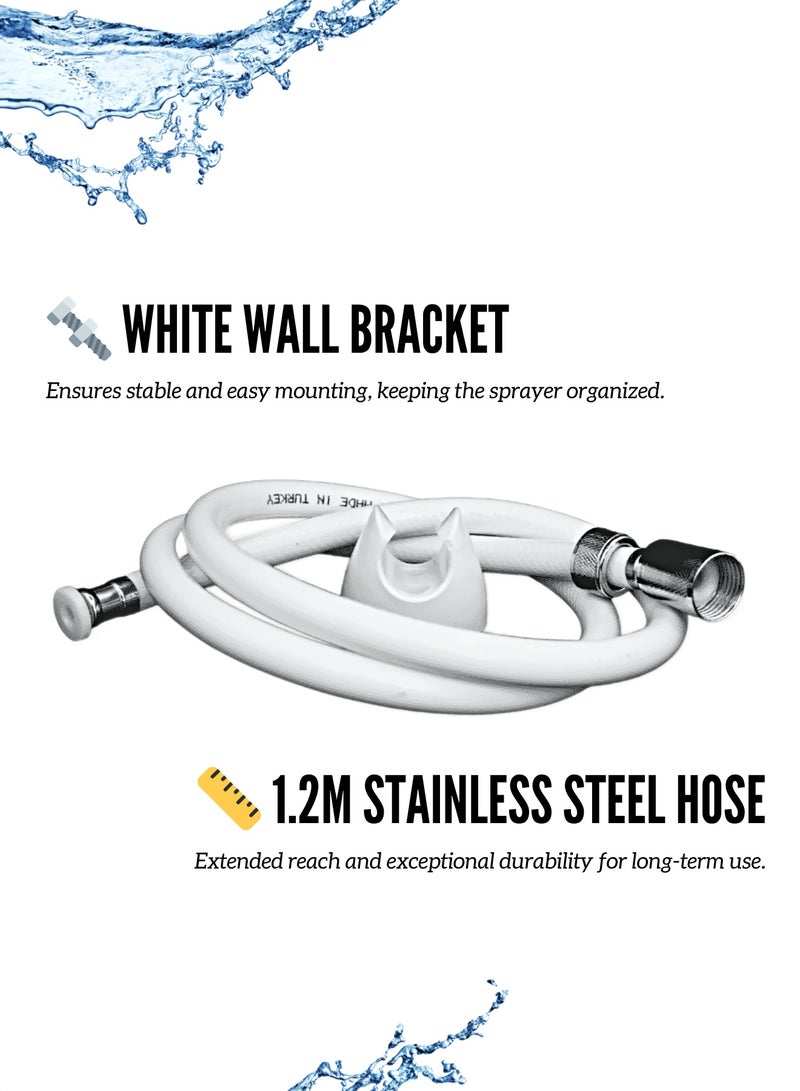MAAT Premium Shattaf | Hand Spray with 1.2M Stainless Steel Hose | White + Chrome Finish | High-Pressure Bidet | Durable & Hygienic | Made in Turkey - Image 3