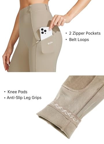 Willit Women's Horse Riding Pants Knee-Patch Equestrian Breeches Horseback Schooling Tights Zipper Pockets Khaki M - Image 4