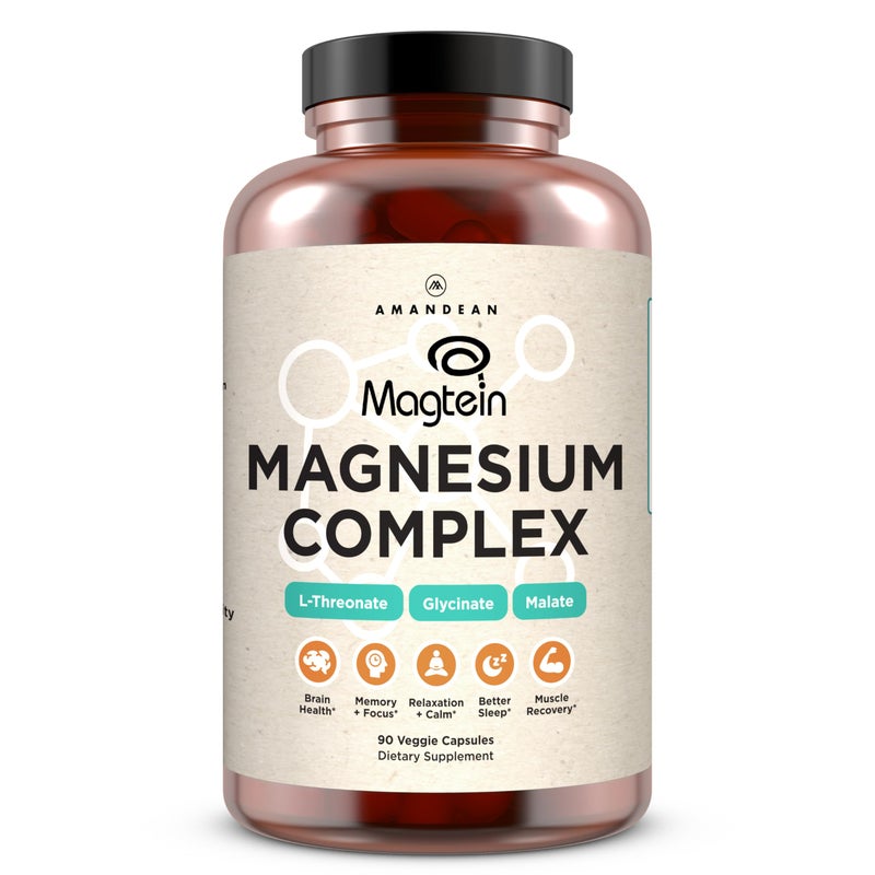 AMANDEAN Magtein Magnesium Complex LThreonate Glycinate Malate Triple Blend Chelated Magnesium Supplement 90 Veggie Capsules High Absorption Branded Ingredients Brain Health Sleep Calm