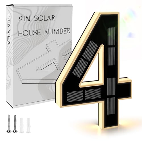 ISUNMEA 9 Inch Solar Lighted House Numbers for Outside, Light Up Waterproof LED Address Numbers Signs for Houses, Large Personalized Illuminated Exterior Modern House Numbers Light (4-Black, 9IN) - Image 1
