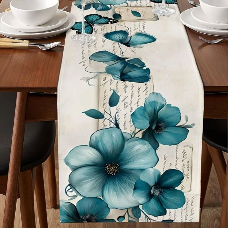 Linen Spring Table Runner Vintage Blue Tulip Watercolor Flower Kitchen Art Dining Butterfly Table Runners Dresser Scarves Washable Non Slip Rectangle Table Setting Party Holiday Decor 13x108 Inch - Image 2