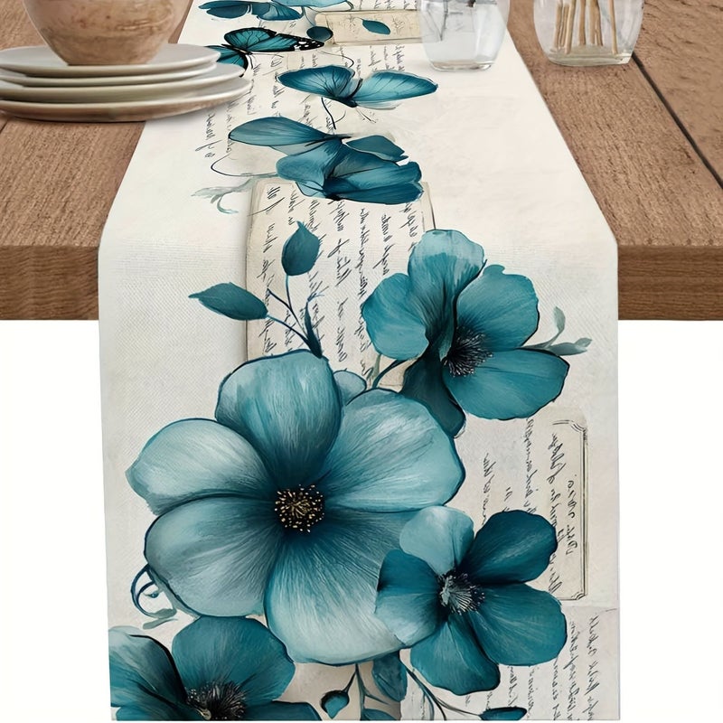 Linen Spring Table Runner Vintage Blue Tulip Watercolor Flower Kitchen Art Dining Butterfly Table Runners Dresser Scarves Washable Non Slip Rectangle Table Setting Party Holiday Decor 13x108 Inch - Image 1