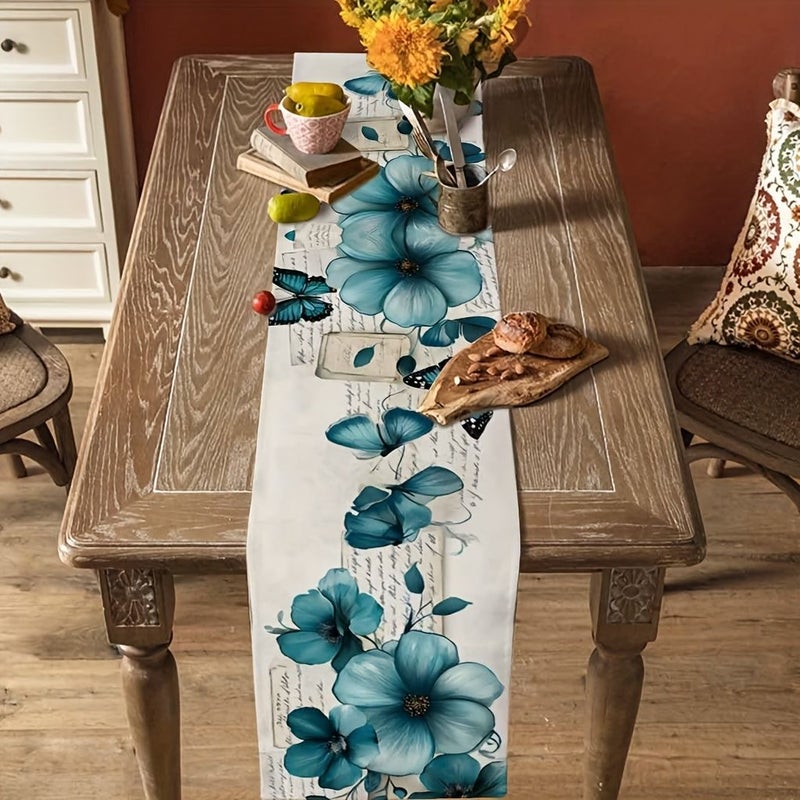 Linen Spring Table Runner Vintage Blue Tulip Watercolor Flower Kitchen Art Dining Butterfly Table Runners Dresser Scarves Washable Non Slip Rectangle Table Setting Party Holiday Decor 13x108 Inch - Image 4