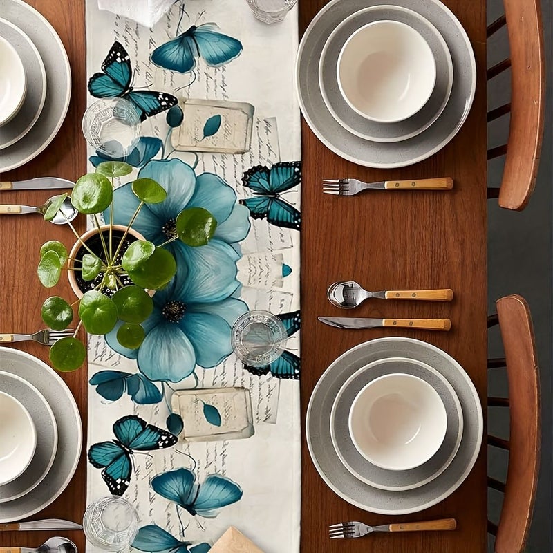 Linen Spring Table Runner Vintage Blue Tulip Watercolor Flower Kitchen Art Dining Butterfly Table Runners Dresser Scarves Washable Non Slip Rectangle Table Setting Party Holiday Decor 13x108 Inch - Image 5
