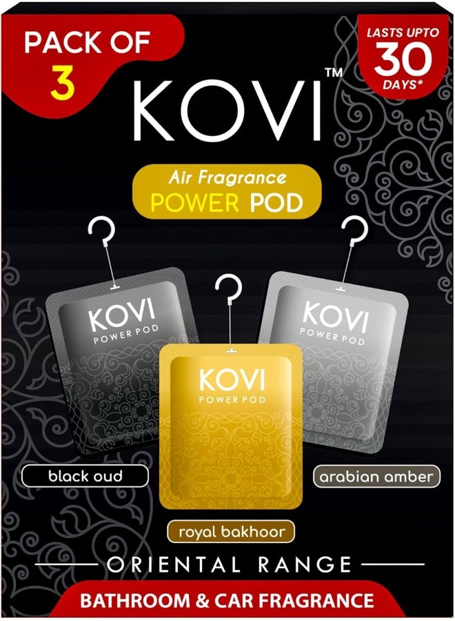 Kovi Air Fragrance Power Pod for Bathroom and Car, Long-Lasting Fragrances of Black Oud, Royal Bakhoor, Amber, Infused with Essential Oils, Lasts Up to 30 Days, Oriental Range, Pack of 3 (10g Each)  - Image 1