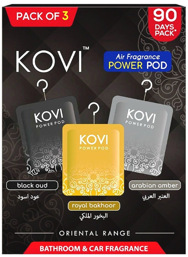 Kovi Air Fragrance Power Pod for Bathroom and Car, Arabic Fragrances of Black Oud, Royal Bakhoor, Arabian Amber, Infused with Essential Oils, Long Lasting Fragrances, Oriental Range, Pack of 3 (10g Each) - Image 1