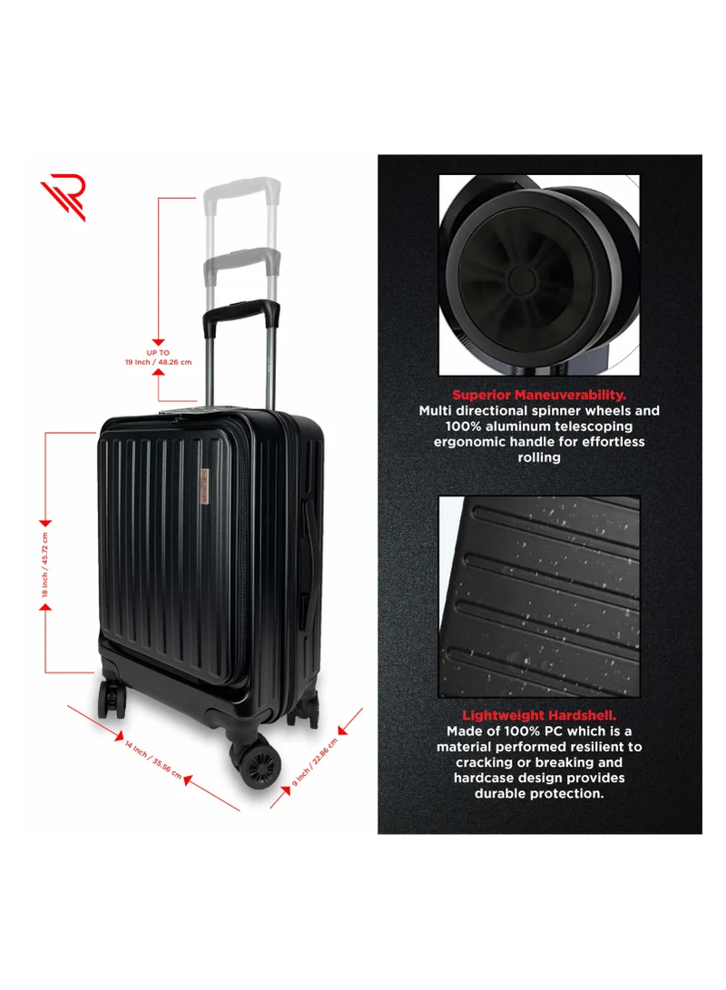 ريفلكشين REFLECTION Premium Quality Business Travel Carry On Hardside Luggage with Front Open Laptop Compartment and 4 Spinner Wheels, Black, 20 inches
