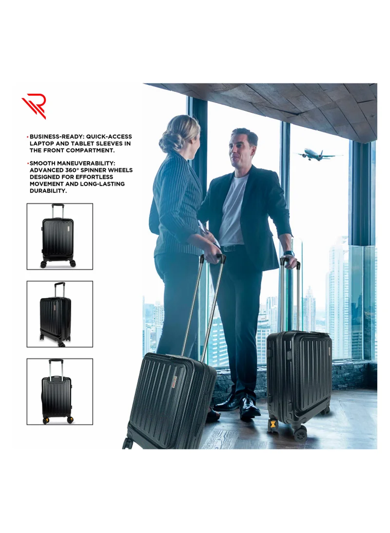 ريفلكشين REFLECTION Premium Quality Business Travel Carry On Hardside Luggage with Front Open Laptop Compartment and 4 Spinner Wheels, Black, 20 inches
