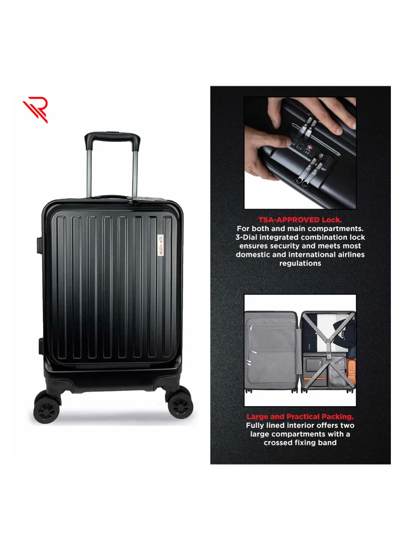 ريفلكشين REFLECTION Premium Quality Business Travel Carry On Hardside Luggage with Front Open Laptop Compartment and 4 Spinner Wheels, Black, 20 inches