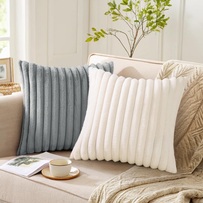Pallene Faux Fur Plush Spring Throw Pillow Covers 22x22 Set of 2, Luxury Soft Fluffy Striped Decorative Pillow Covers for Sofa, Couch, Living Room, Cream White - Image 5