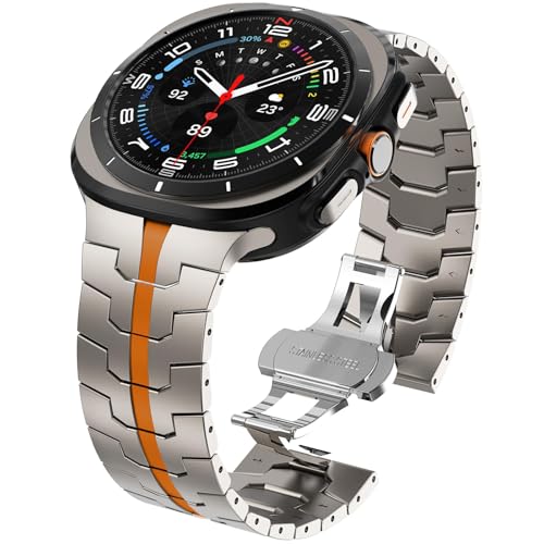 WINGLE Metal Band for Galaxy Watch Ultra Bands 47mm 2025/2024 Men Rugged Durable Armor Stainless Steel Samsung Galaxy Watch Ultra Band Classy Casual Business Bands Butterfly Clasp, Titanium/Orange - Image 1