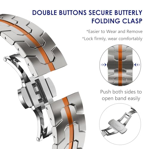 WINGLE Metal Band for Galaxy Watch Ultra Bands 47mm 2025/2024 Men Rugged Durable Armor Stainless Steel Samsung Galaxy Watch Ultra Band Classy Casual Business Bands Butterfly Clasp, Titanium/Orange - Image 4
