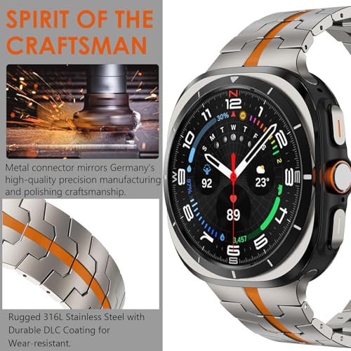 WINGLE Metal Band for Galaxy Watch Ultra Bands 47mm 2025/2024 Men Rugged Durable Armor Stainless Steel Samsung Galaxy Watch Ultra Band Classy Casual Business Bands Butterfly Clasp, Titanium/Orange - Image 3