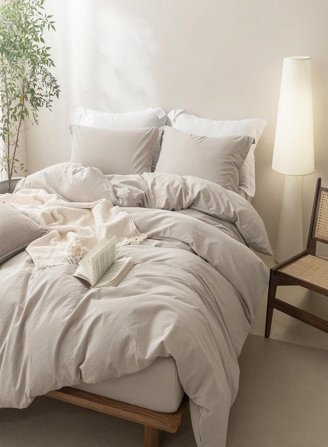 BDEAR Linen Feel Duvet Cover Queen Size, 100% Washed Cotton Comforter Cover 90x90inch with Zipper Closure Plus 2 Pillowcases, Solid-Cream Grey - Image 2