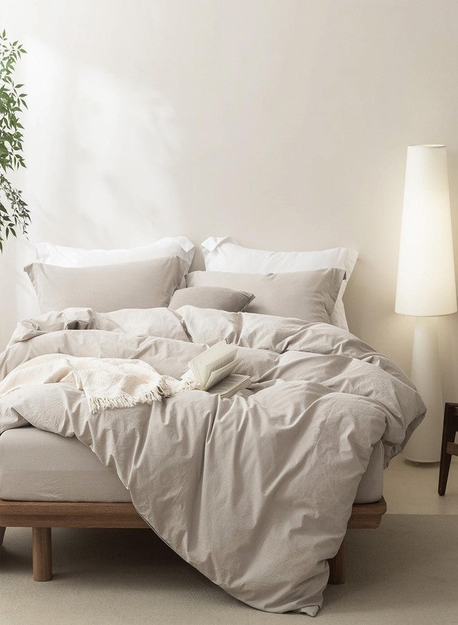 BDEAR Linen Feel Duvet Cover Queen Size, 100% Washed Cotton Comforter Cover 90x90inch with Zipper Closure Plus 2 Pillowcases, Solid-Cream Grey - Image 3