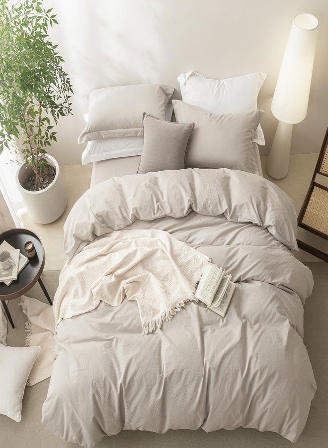 BDEAR Linen Feel Duvet Cover Queen Size, 100% Washed Cotton Comforter Cover 90x90inch with Zipper Closure Plus 2 Pillowcases, Solid-Cream Grey - Image 4