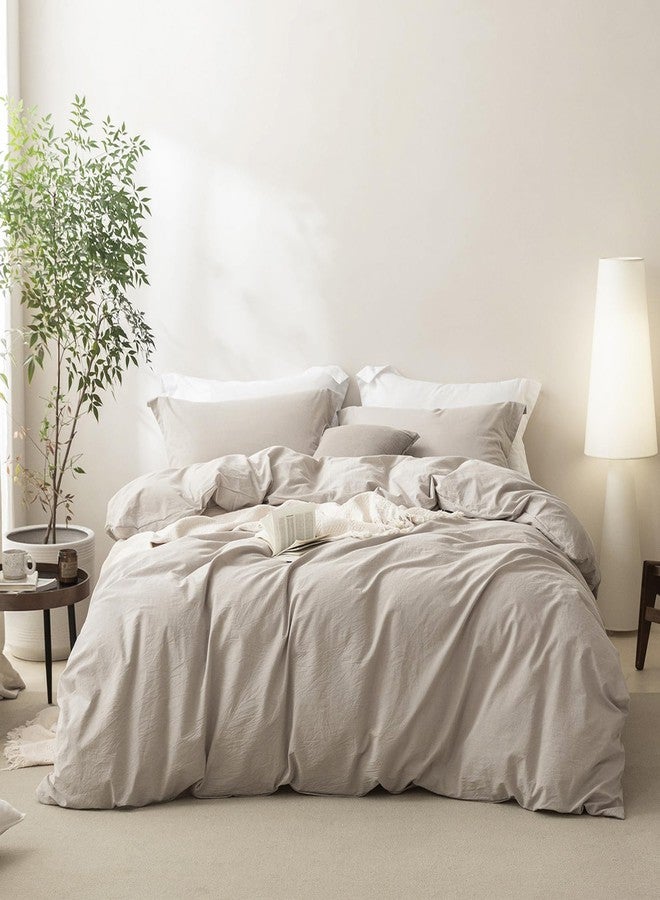BDEAR Linen Feel Duvet Cover Queen Size, 100% Washed Cotton Comforter Cover 90x90inch with Zipper Closure Plus 2 Pillowcases, Solid-Cream Grey - Image 5
