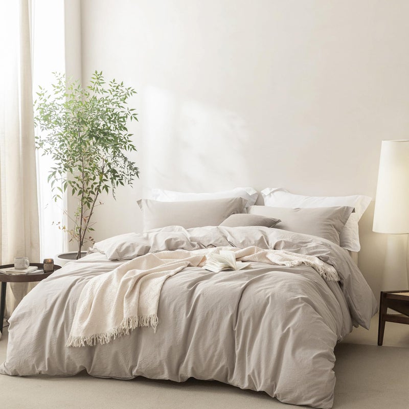 BDEAR Linen Feel Duvet Cover Queen Size, 100% Washed Cotton Comforter Cover 90x90inch with Zipper Closure Plus 2 Pillowcases, Solid-Cream Grey - Image 1