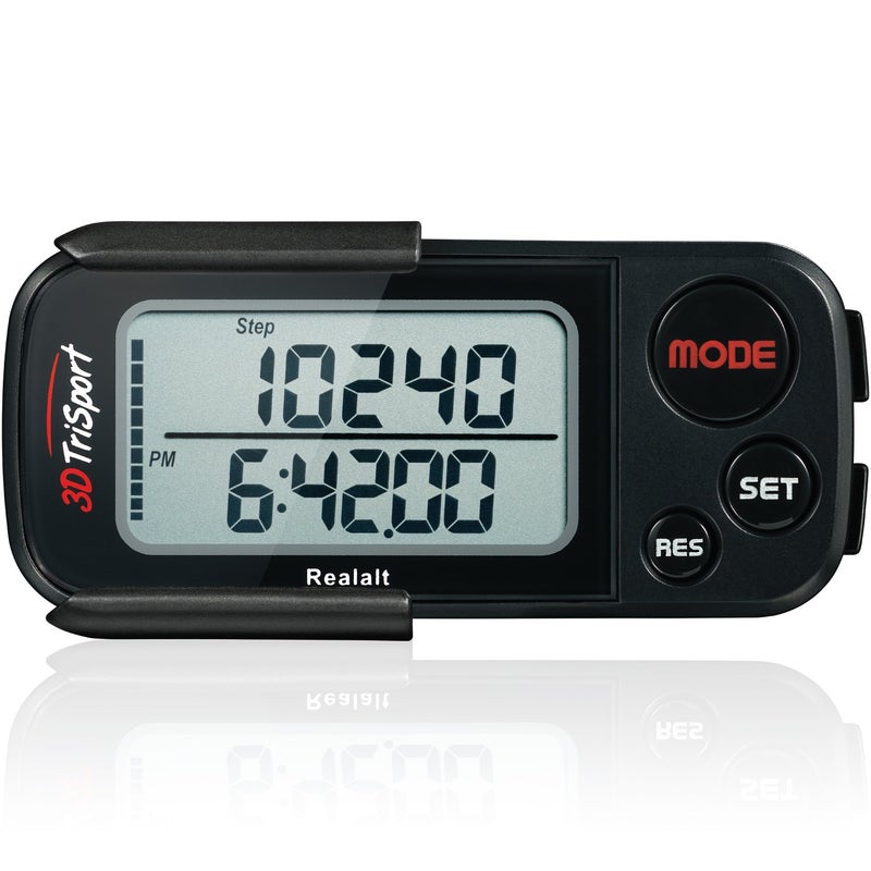 Realalt 3DTriSport Walking 3D Pedometer with Clip & Strap, eBook Included | 30 Days Memory,Accurate Step Counter, Walking Distance Miles/Km,Calorie Counter, Daily Exercise Time Monitor - Stealth Black - Image 1