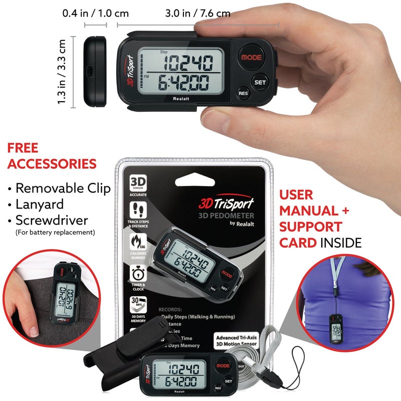 Realalt 3DTriSport Walking 3D Pedometer with Clip & Strap, eBook Included | 30 Days Memory,Accurate Step Counter, Walking Distance Miles/Km,Calorie Counter, Daily Exercise Time Monitor - Stealth Black - Image 4