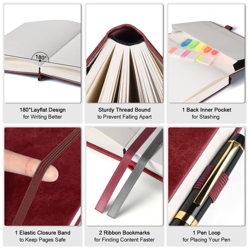 OFFIGIFT Lined Journal Notebook, Large A5 Hardcover Leather Journal, 312 Numbered Pages Work Notebook, 100gsm No Bleed Paper, College Ruled Notebook for Women Men School Office, 5.75" x 8.38", Burgundy - Image 2