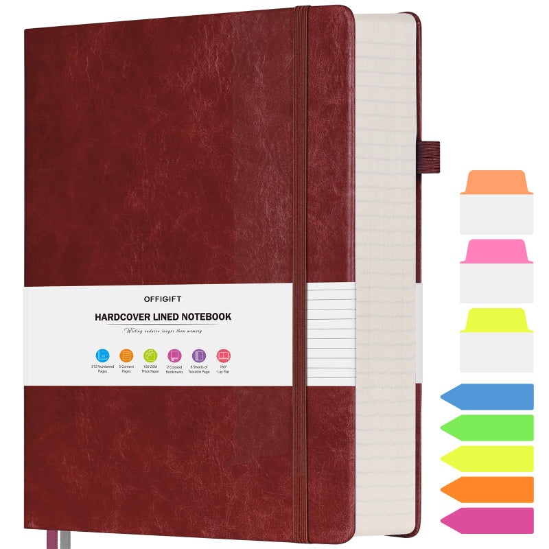 OFFIGIFT Lined Journal Notebook, Large A5 Hardcover Leather Journal, 312 Numbered Pages Work Notebook, 100gsm No Bleed Paper, College Ruled Notebook for Women Men School Office, 5.75" x 8.38", Burgundy - Image 1