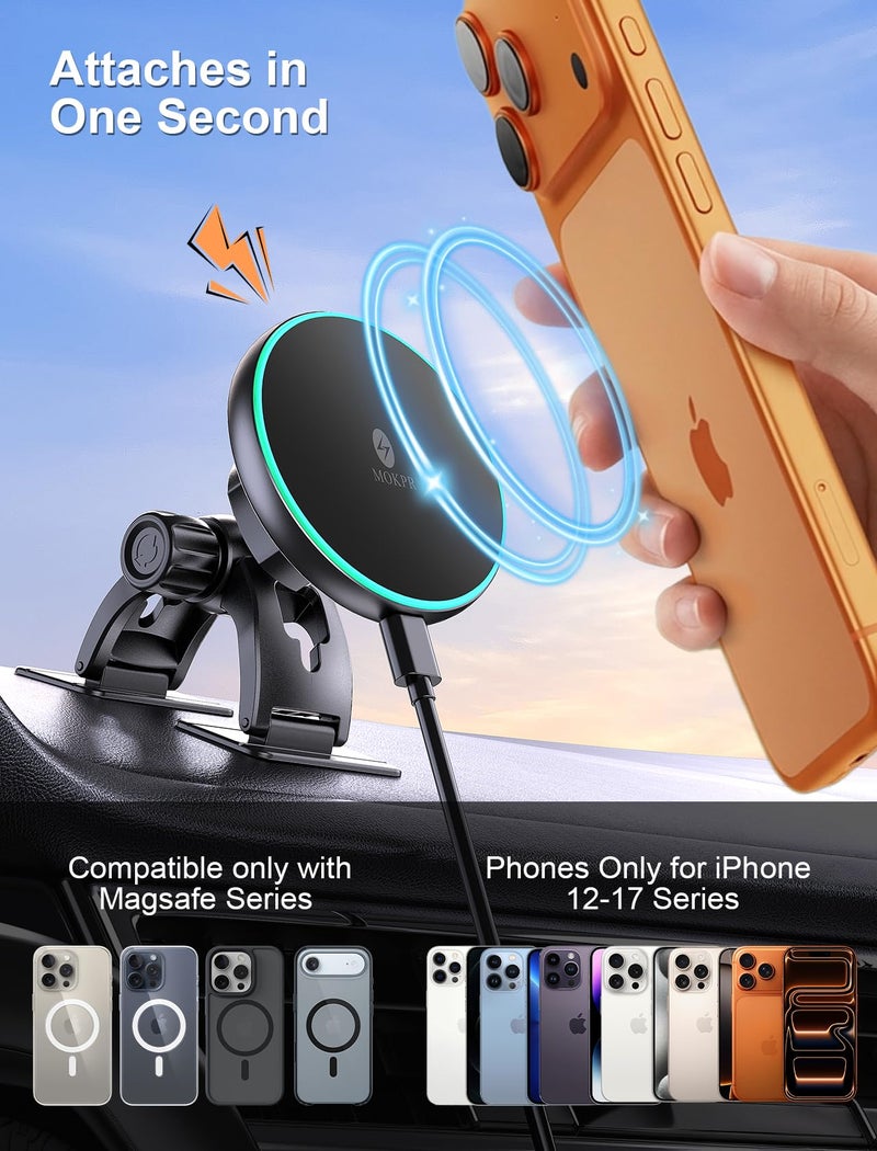 MOKPR for iPhone Magsafe Car Mount Charger, Wireless Car Charger Magnetic Car Phone Holder for Dash Air Vent-LED HandsFree Car Mount Fast Car Charger for iPhone 17/16/15/14/13/12 Series - Image 2