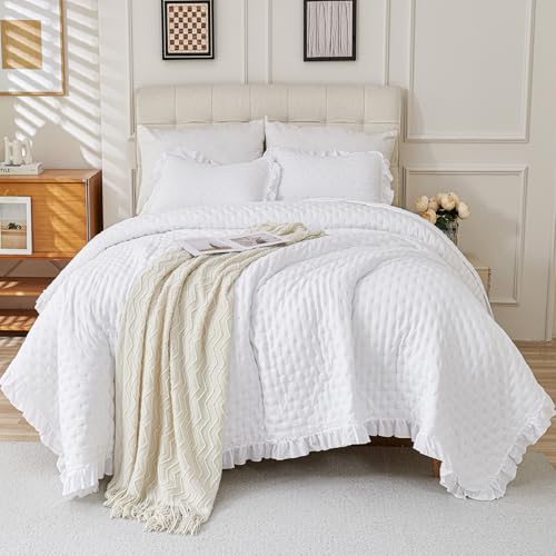 Cmfshape White Ruffle Quilt Bedding Set King Size – 3 Piece Ultrasonic Ruffled Bedspread with Scalloped Edges, Shabby Chic Ruffle Bedding Set, Lightweight All Season Coverlet King (106"x96") - Image 2